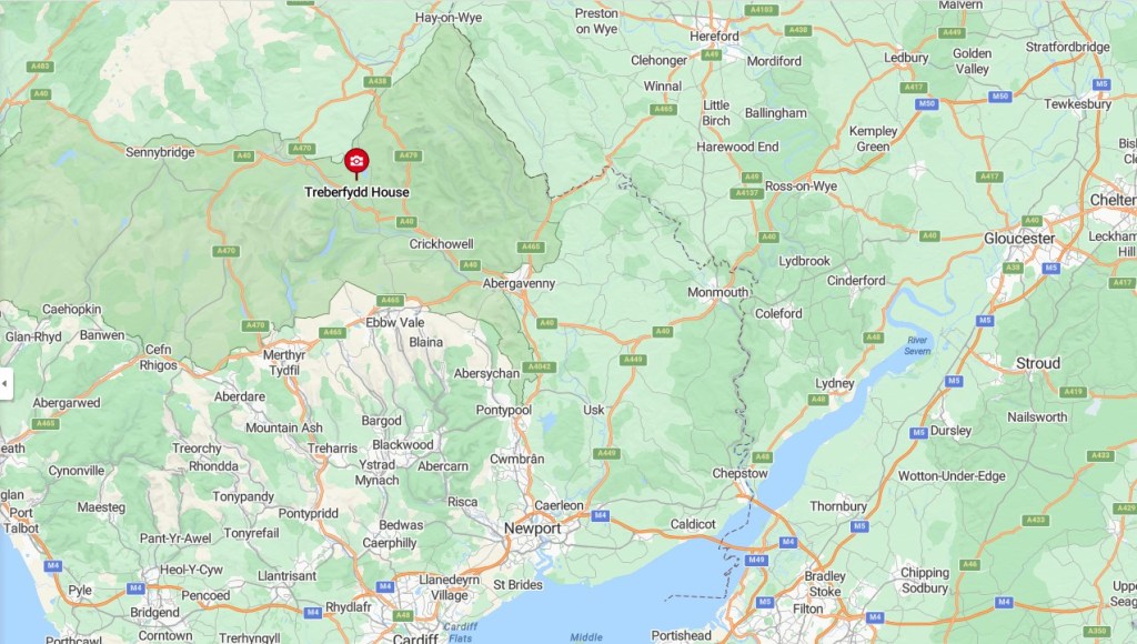 A map showing location of Treberfydd House top left, with Cardiff, Newport and Chepstow also in the frame